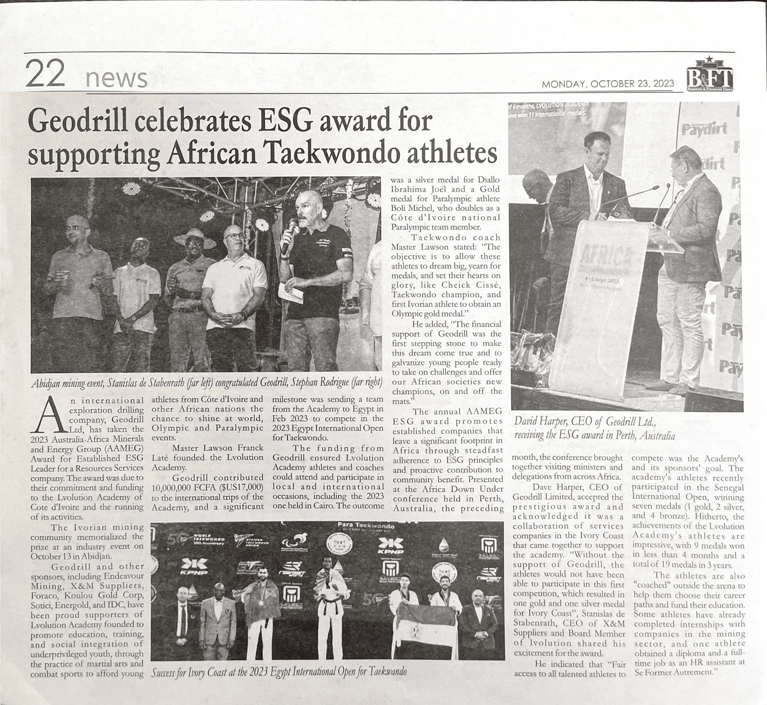 Geodrill celebrates ESG award for supporting African Taekwondo athletes